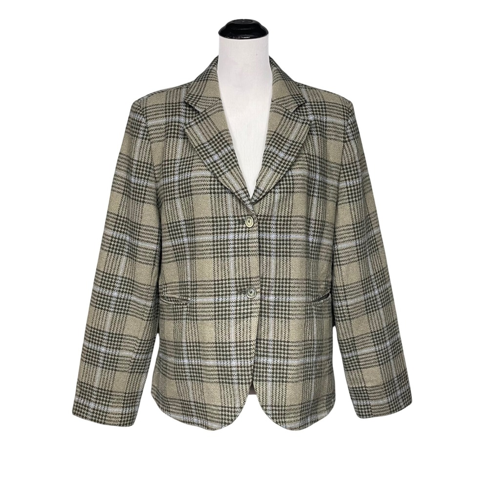 Harve Benard Wool Blazer Women 16 Tan Olive Plaid Vintage 80s Academic Career